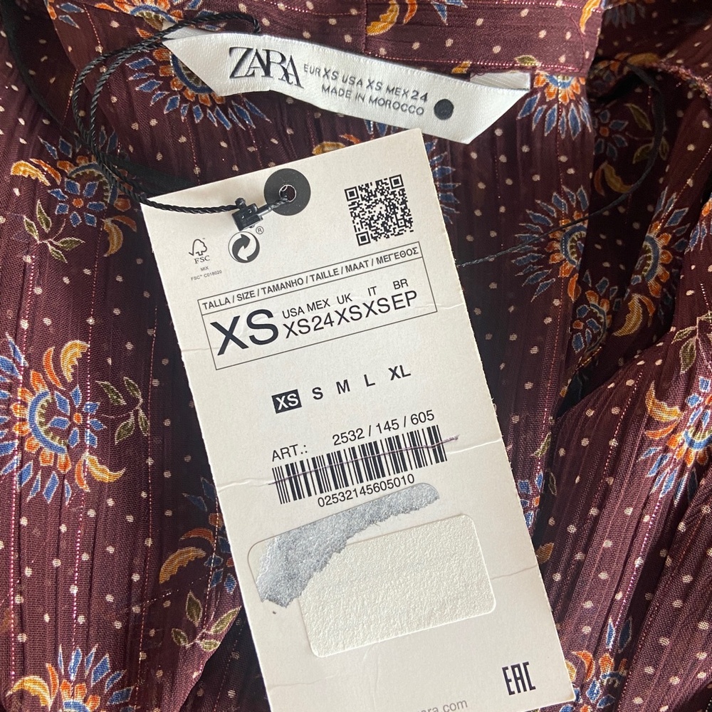 Zara | Women's Burgundy Boho Print Sheer Tie Waist Top | Size: XS - Picture 4 of 10